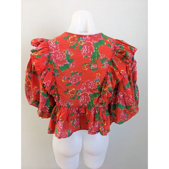 Rhode Size Small Elodie Crop Top Red Tiered Ruffle 100% Cotton Floral V Neck - Picture 10 of 13